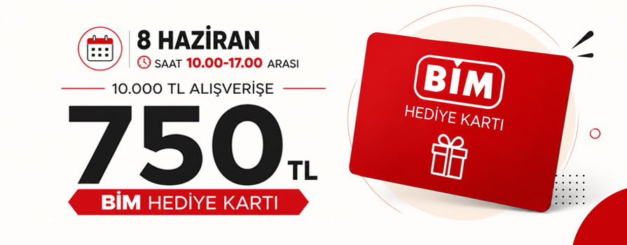 Bugün 10:00 - 17:00 Saatleri Arası Yapacağınız 10.000 TL ve Üzeri Alışverişinize 750 TL BİM Hediye Çeki BEDAVA!!