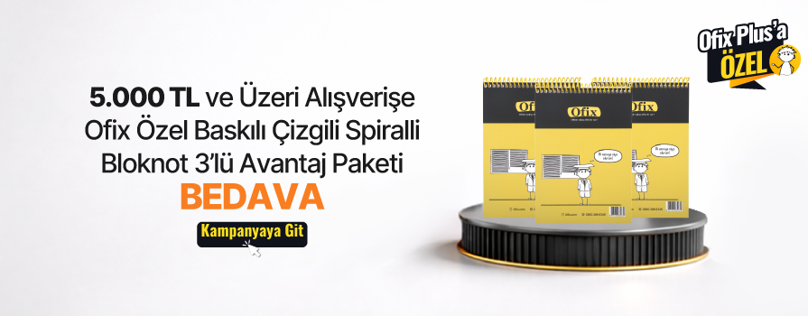 5.000 TL ve Üzeri Alışverişinize Ofix Özel Baskılı Çizgili Spiralli Bloknot A5 80 g/m² 80 Yaprak x 3 Adet Avantaj Paketi BEDAVA!