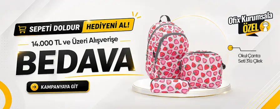 14.000 TL ve Üzeri Alışverişinize Okul Çanta Seti 3'lü Çilek Set BEDAVA!