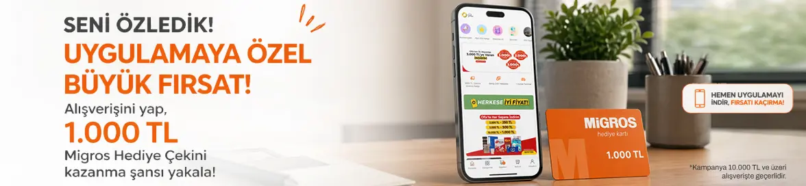 Mobil Uygulamaya Özel 10.000 TL ve Üzeri Alışverişinize 1.000 TL Değerinde MİGROS Hediye Kartı Bedava!HERO