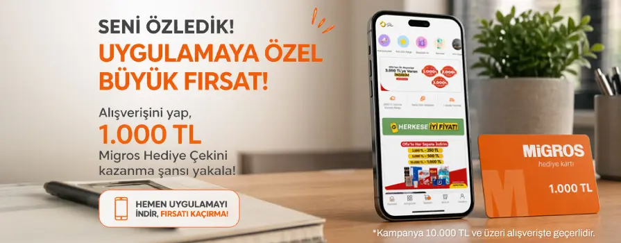 Mobil Uygulamaya Özel 10.000 TL ve Üzeri Alışverişinize 1.000 TL Değerinde MİGROS Hediye Kartı Bedava!