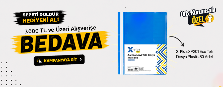 7.000 TL ve Üzeri Alışverişinize X-Plus Telli Dosya Plastik 50 Adet BEDAVA!