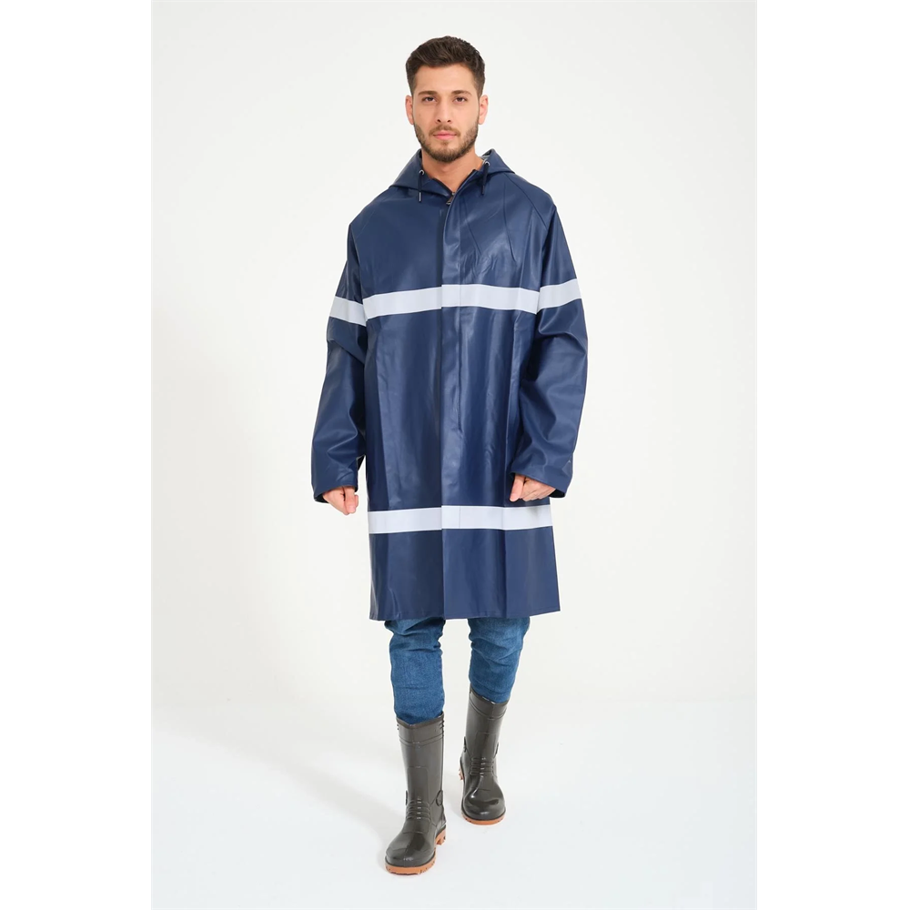 Yerli Diz Altı Pardesü RY 1800 Reflektörlü Su Geçirmez Fosforlu Yağmurluk İş Güvenliği Kıyafeti LACİVERT 2XL