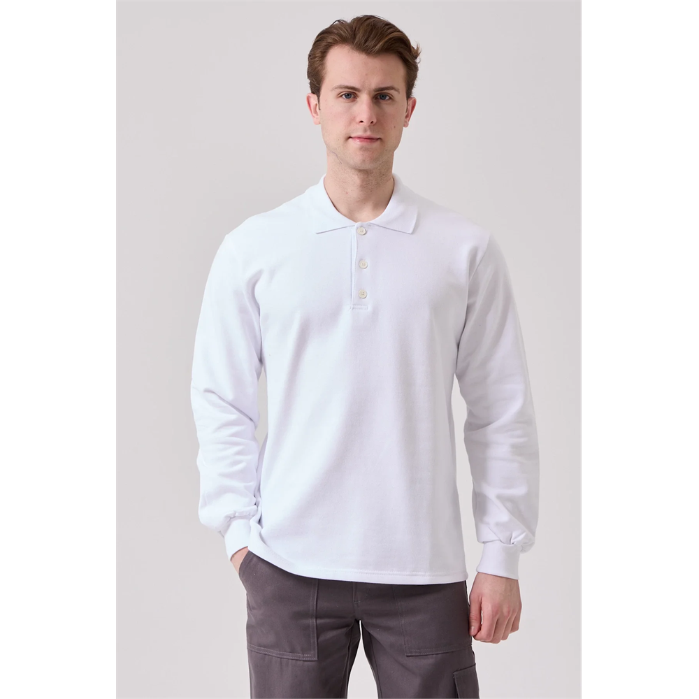 Galanthus Polo Sweat Erkek Uzun Kollu Pamuklu Sweatshirt İş ve Günlük Kullanım İçin BEYAZ M