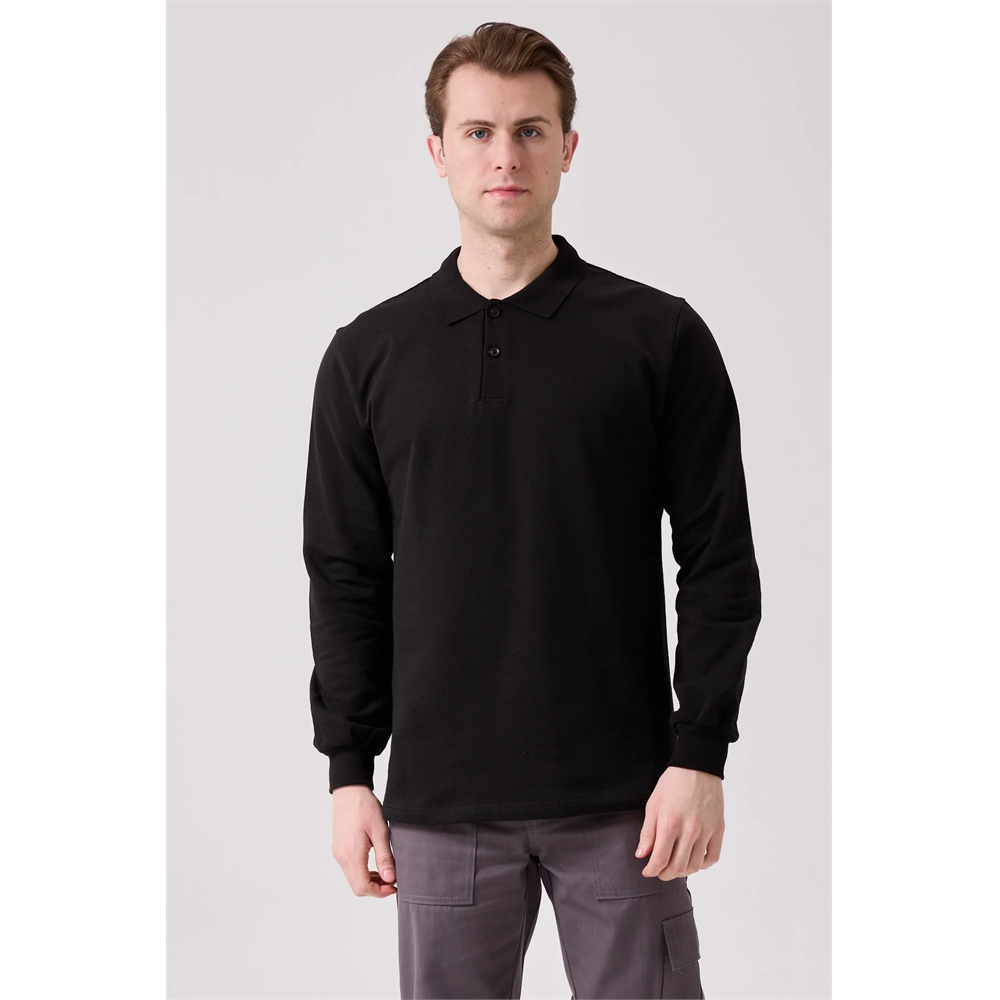Galanthus Polo Sweat Erkek Uzun Kollu Pamuklu Sweatshirt İş ve Günlük Kullanım İçin SİYAH XL