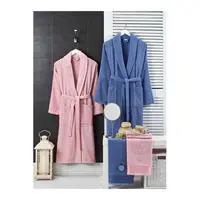 4 Parça Aile Bornoz Seti Kadın Erkek Havlulu Bornoz Takımı 100 Lacivert Pembe L-XL Renkli