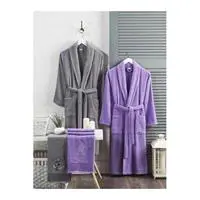 4 Parça Aile Bornoz Seti Kadın Erkek Havlulu Bornoz Takımı %100 Gri Lavanta S/M-L/XL RENKLİ