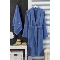 Erkek Havlulu Banyo Bornoz Takımı %100 Pamuklu Lacivert L-XL