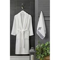Erkek Havlulu Banyo Bornoz Takımı %100 Pamuklu Beyaz L-XL