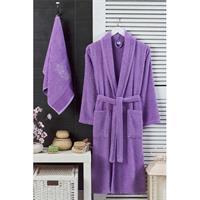 Kadın Havlulu Banyo Bornoz Takımı %100 Pamuklu Lavanta L-XL