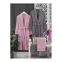 4 Parça Aile Bornoz Seti Kadın Erkek Havlulu Bornoz Takımı %100 Pembe Gri S/M RENKLİ