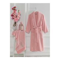 Kadın Havlulu Banyo Bornoz Takımı %100 Pamuklu Pembe S-M