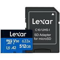 LEXAR 512GB LSDMI512BB633A MICROSD HIGH-PERFORMANCE 633X MICROSDXC UHS-I WITH SD ADAPTER UP TO 100MB/S READ 70MB/S WRITE C10 A2 V30 U3