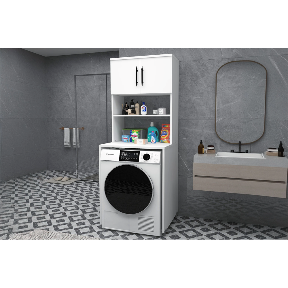 Çamaşır Makinesi Dolabı 3 Raflı Kapaklı Banyo Dolabı Mat Beyaz