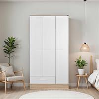 Base 3 Kapaklı Tek Çekmeceli Gardırop İtalyan Meşe-Mat Beyaz 103x198x52 cm (GxYxD)