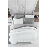 Çift Kişilik Lastikli Çarşaflı Nevresim Takımı Pamuklu Four Season Beyaz Gri