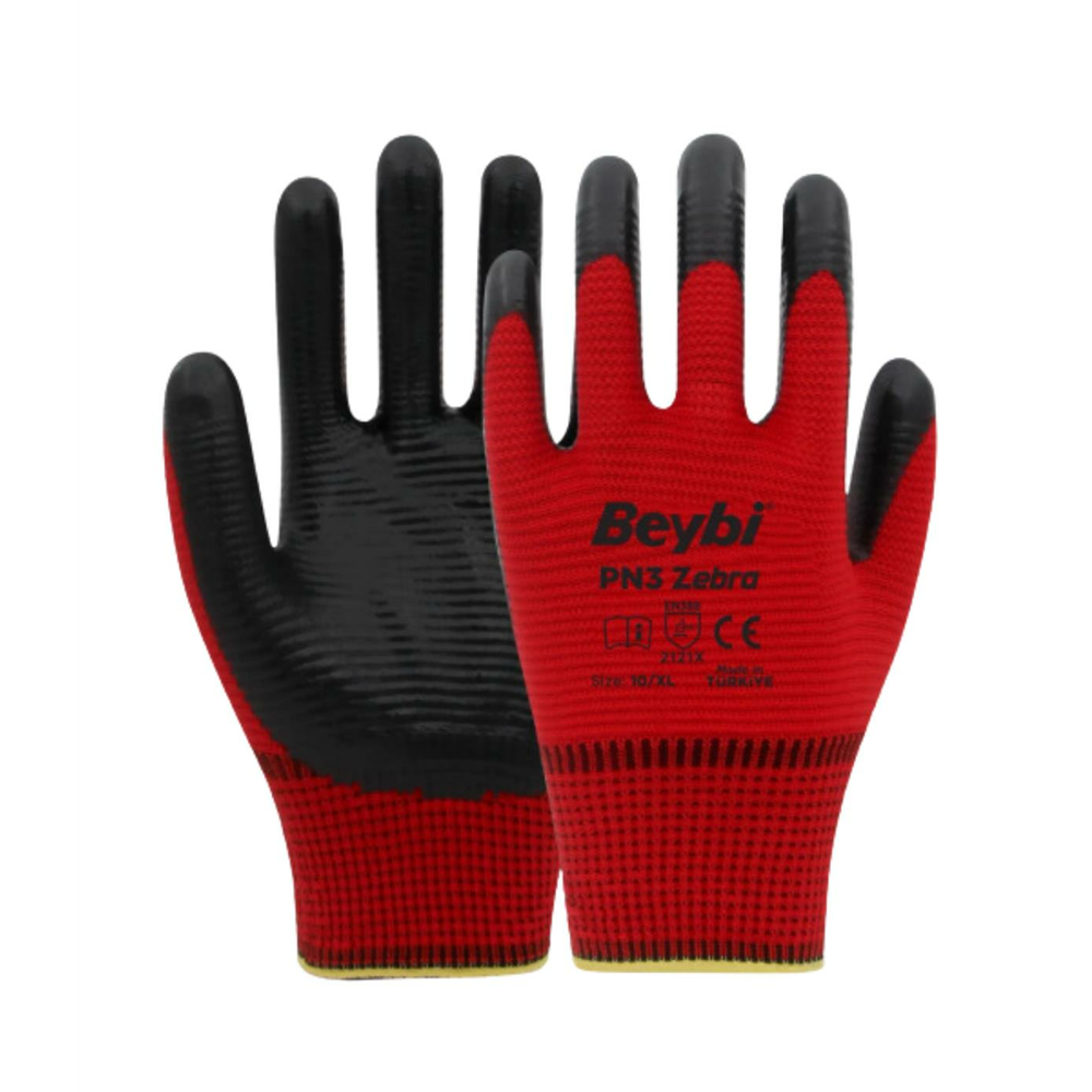 Beybi PN3 Zebra Polyester Kırmızı Örme Nitril Eldiven No:9 -288 Çift
