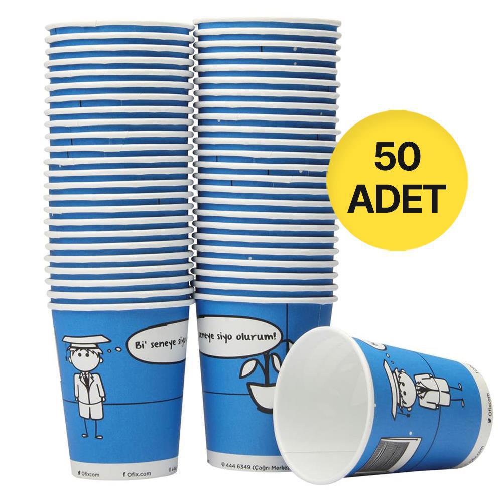 Ofix Karton Bardak Özel Baskılı 7 oz 180 ml 50 Adet - Mavi