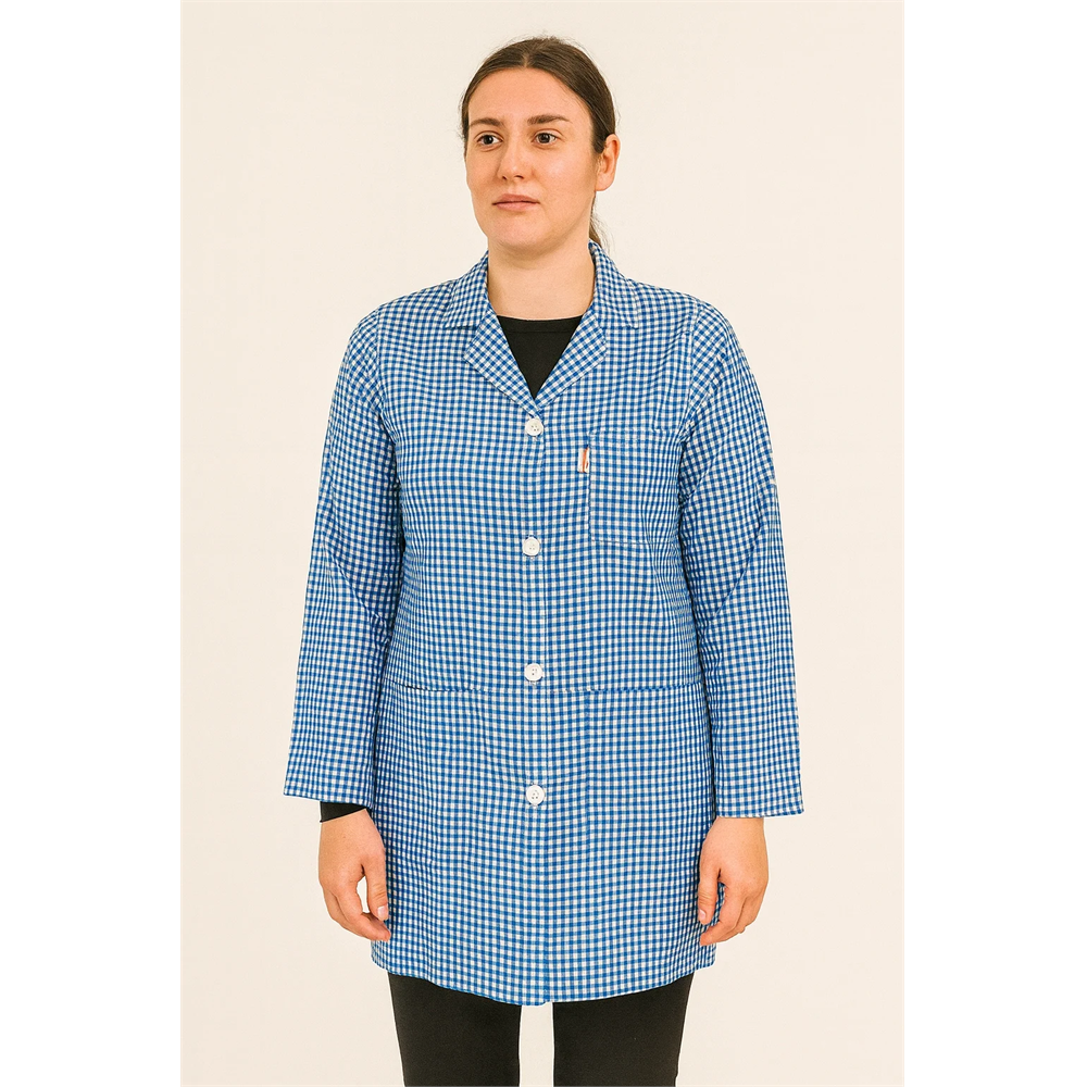 Pötikare Desenli Uzun Kollu Kadın Çalışma Önlüğü – Rahat, Dayanıklı ve Şık Model SAXMAVİ XS