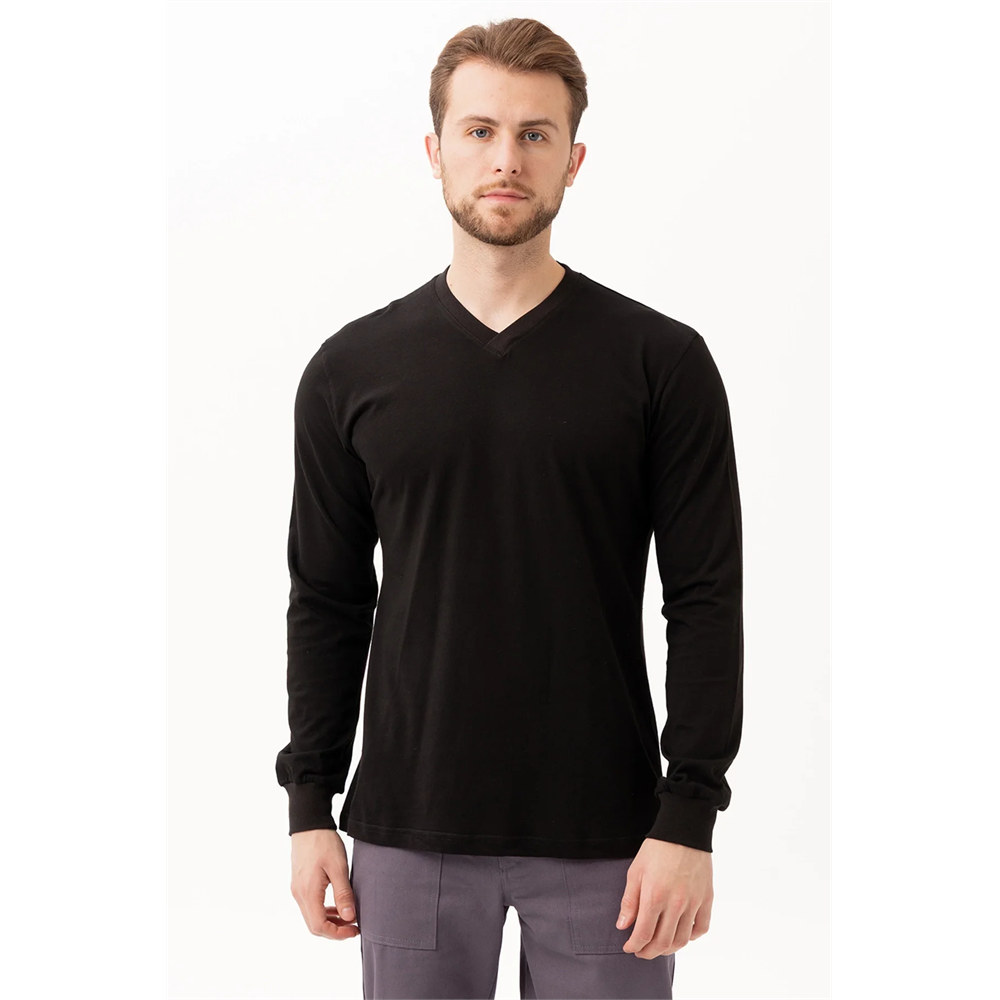 Padus V Yaka Uzun Kollu T-Shirt - Rahat Kesim, Günlük ve İş Kullanımı İçin SİYAH S