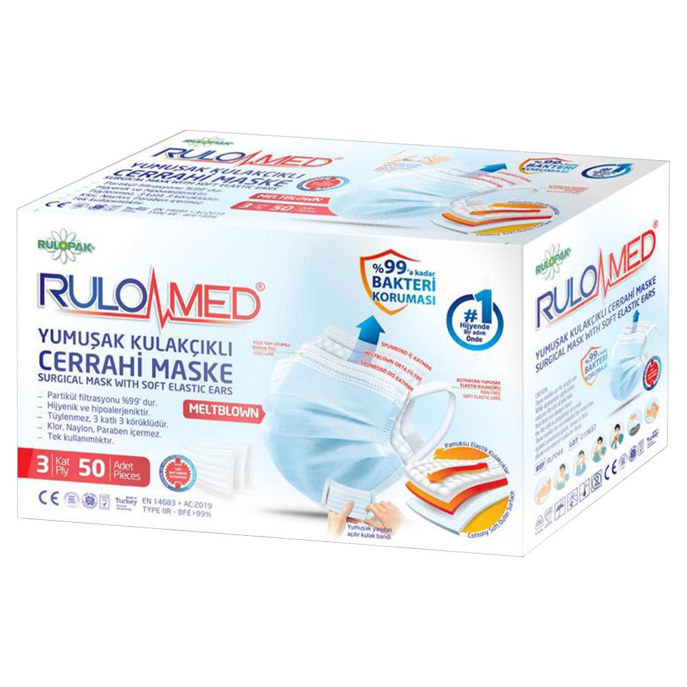 Rulopak Rulomed 3 Katlı Yumuşak Elastik Kulaklı Cerrahi Yüz Maskesi..