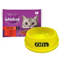 Whiskas Pouch Etli Çeşitleri Kedi Maması 85 g x 4 Adet Alana Ofix Kedi Köpek Mama Kabı Plastik - 0.50 L Hediye