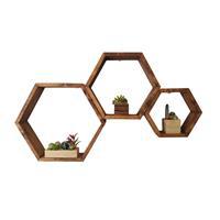Wooden City Ahşap Altıgen Dekoratif Duvar Rafı - 3 Adet