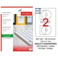 Tanex TW-2116 CD Yazıcı Etiketi 116 x 41 mm 200 Adet - Beyaz