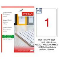 Tanex TW-2001 Yazıcı Etiketi 199.6 x 289.1 mm 100 Adet - Beyaz