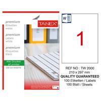 Tanex TW-2000 Yazıcı Etiketi 210 x 297 mm 100 Adet - Beyaz